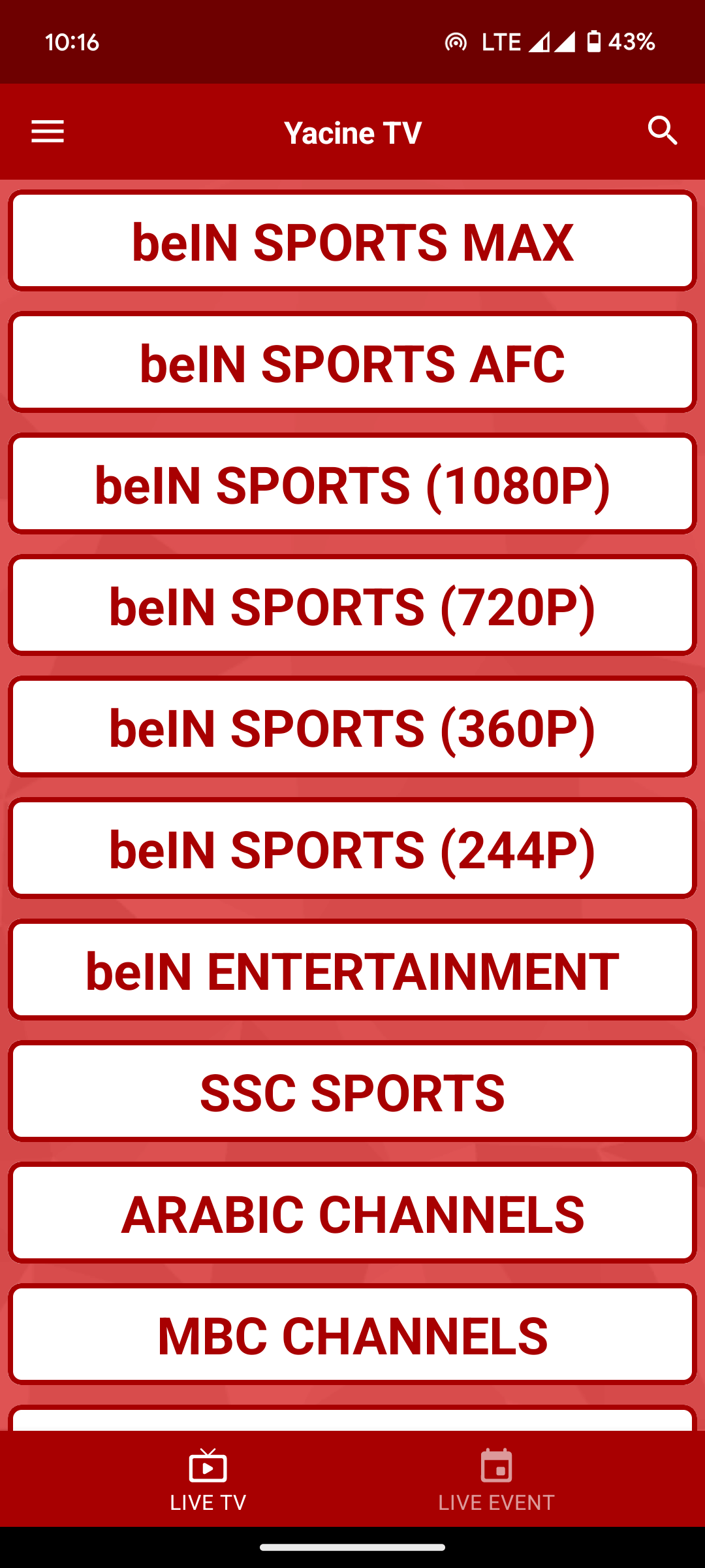 Yacine TV Home Screen